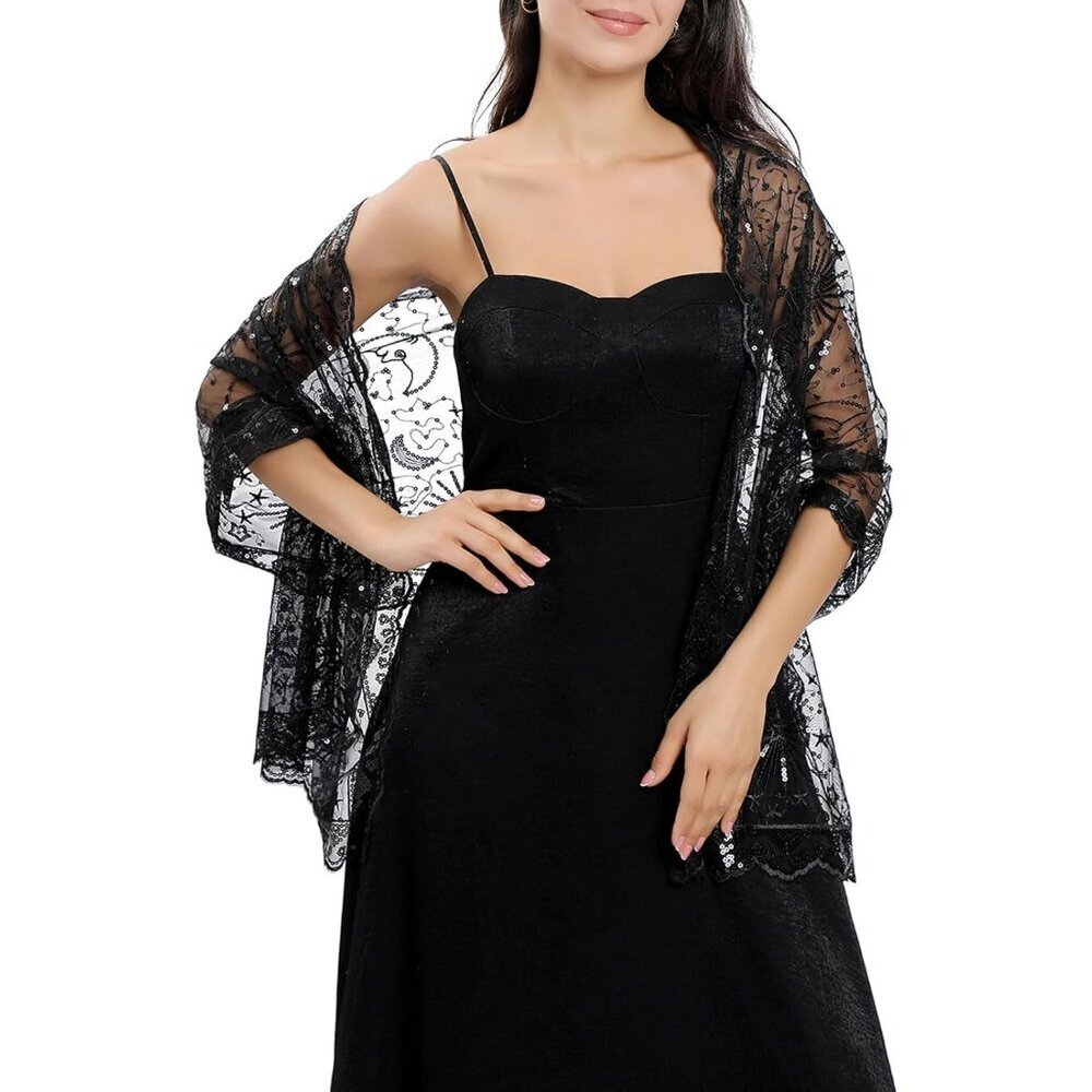 Sequin Stars Moons Shawl Women Sheer Mesh Evening Party Wraps